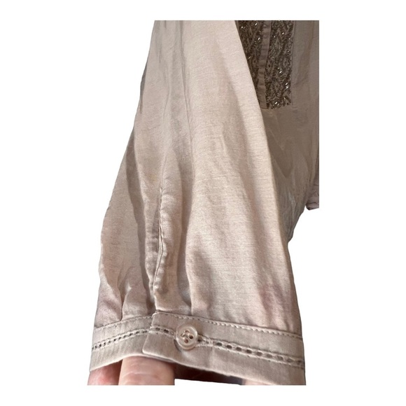 Massimo Dutti Silk Blend Taupe Beaded Split Neck Pullover Peasant Blouse XS - Picture 14 of 16
